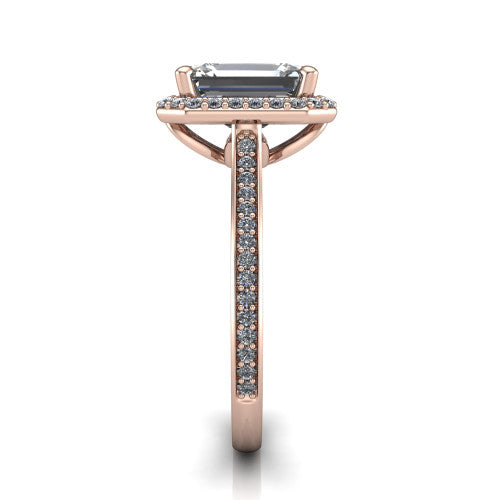 Delaney emerald halo engagement ring in 14K Rose Gold, side profile showing the leaf basket and pave band