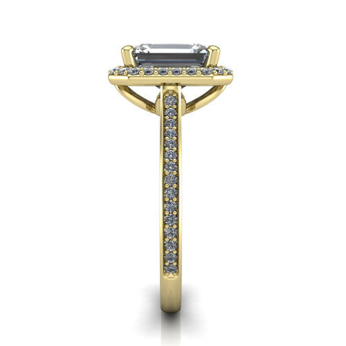 Delaney emerald halo engagement ring in 14K Yellow Gold, side profile showing the leaf basket and pave band