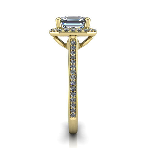Delaney square emerald halo engagement ring in 14K Yellow Gold, side profile showing the leaf basket and pave band