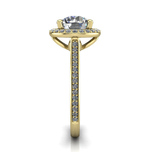 Delaney round halo engagement ring in 18K Yellow Gold, side profile showing the leaf basket and pave band