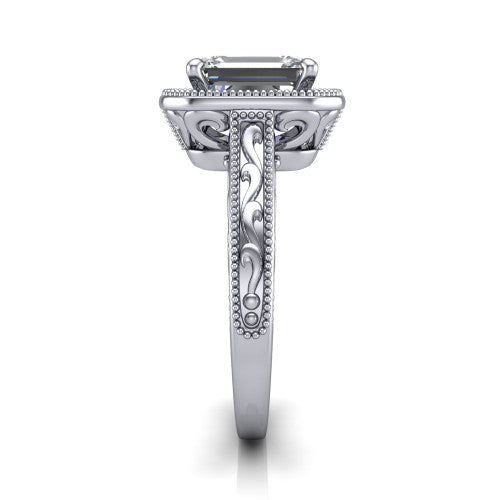 Octavia emerald vintage halo engagement ring in 14K White Gold, side profile showing the hand-engraved filigree band