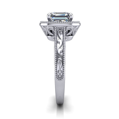 Octavia square emerald vintage halo engagement ring in Platinum, side profile showing the hand-engraved filigree band