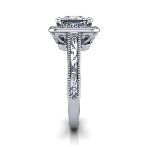 Octavia princess vintage halo engagement ring in Platinum, side profile showing the hand-engraved filigree band