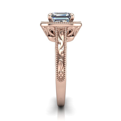 Octavia square emerald vintage halo engagement ring in 14K Rose Gold, side profile showing the hand-engraved filigree band