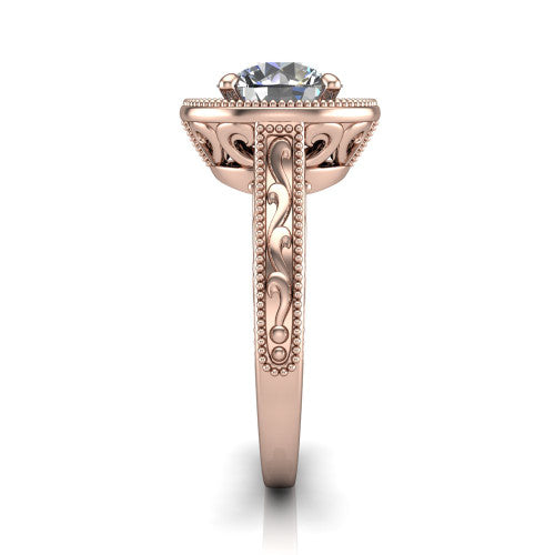Octavia round vintage halo engagement ring in 18K Rose Gold, side profile showing the hand-engraved filigree band