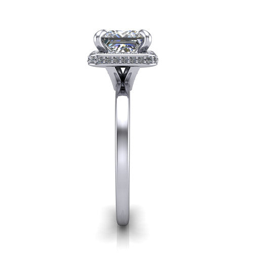 Angela princess halo engagement ring in Platinum, side profile showing the pave basket and polished shank