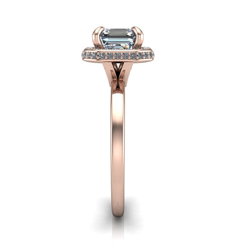 Angela square emerald halo engagement ring in 18K Rose Gold, side profile showing the pave basket and polished shank