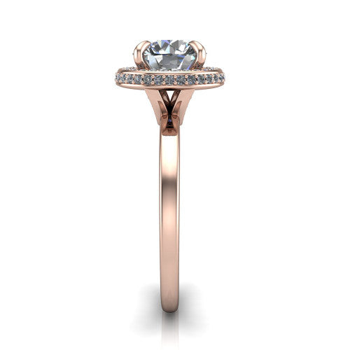 Angela round halo engagement ring in 18K Rose Gold, side profile showing the pave basket and polished shank