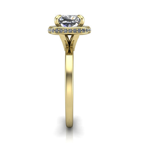 Angela cushion halo engagement ring in 18K Yellow Gold, side profile showing the pave basket and polished shank