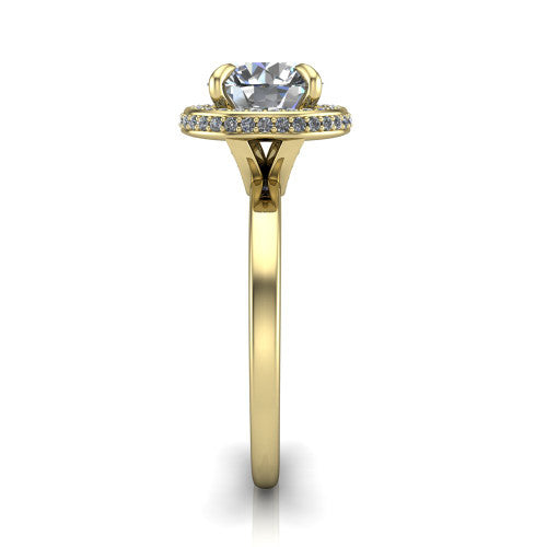 Angela round halo engagement ring in 14K Yellow Gold, side profile showing the pave basket and polished shank