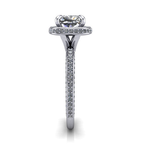 Malia cushion halo engagement ring in 18K White Gold, side profile showing the hidden pave halo and three-sided pave band