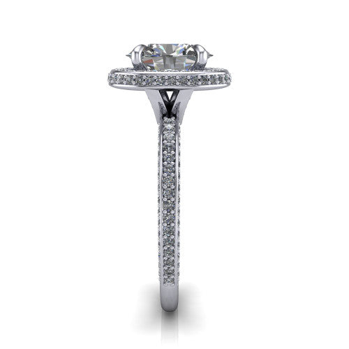 Malia oval halo engagement ring in 14K White Gold, side profile showing the hidden pave halo and three-sided pave band