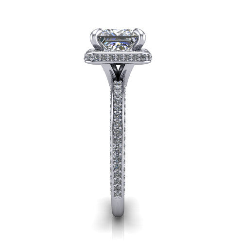 Malia princess halo engagement ring in 14K White Gold, side profile showing the hidden pave halo and three-sided pave band