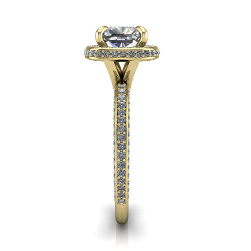 Malia cushion halo engagement ring in 18K Yellow Gold, side profile showing the hidden pave halo and three-sided pave band