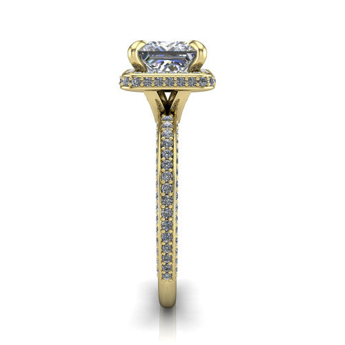 Malia princess halo engagement ring in 14K Yellow Gold, side profile showing the hidden pave halo and three-sided pave band