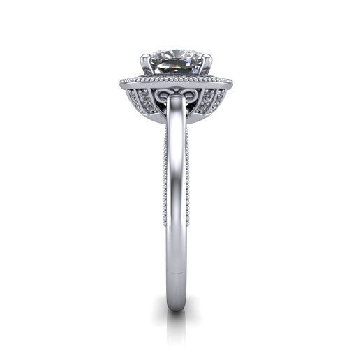 Lilly cushion halo engagement ring in Platinum, side profile showing the filigree gallery and milgrain band in side view