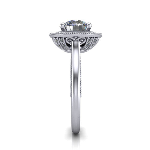 Lilly round halo engagement ring in Platinum, side profile showing the filigree gallery and milgrain band in side view