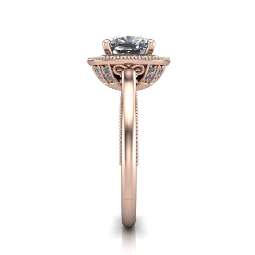 Lilly cushion halo engagement ring in 18K Rose Gold, side profile showing the filigree gallery and milgrain band in side view
