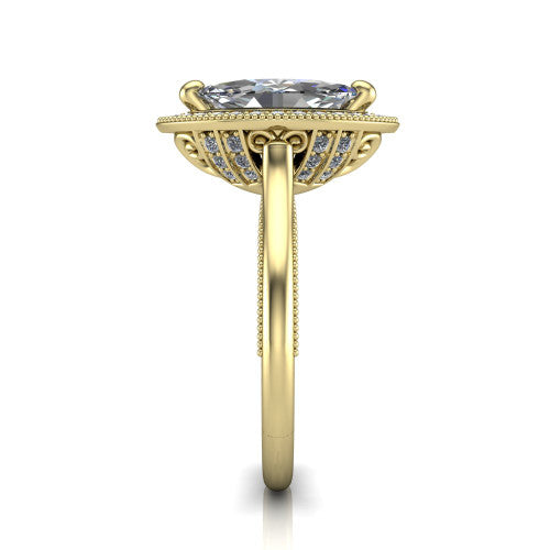Lilly marquise halo engagement ring in 14K Yellow Gold, side profile showing the filigree gallery and milgrain band in side view