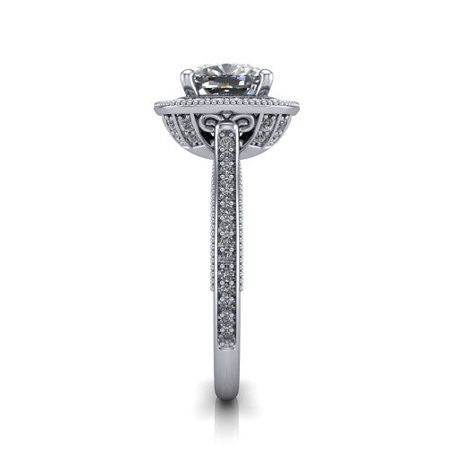 Diana cushion halo engagement ring in Platinum, side profile showing the filigree gallery and pave band in side view