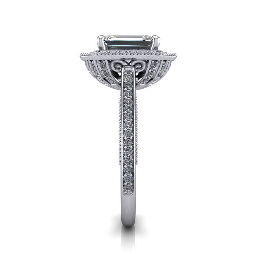 Diana emerald-cut halo engagement ring in 18K White Gold, side profile showing the filigree gallery and pave band in side view