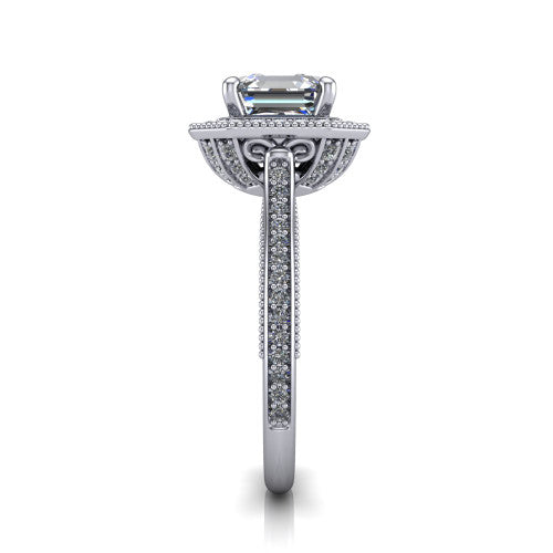 Diana square emerald-cut halo engagement ring in 18K White Gold, side profile showing the filigree gallery and pave band in side view