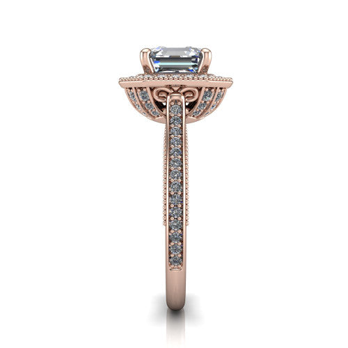 Diana square emerald-cut halo engagement ring in 14K Rose Gold, side profile showing the filigree gallery and pave band in side view