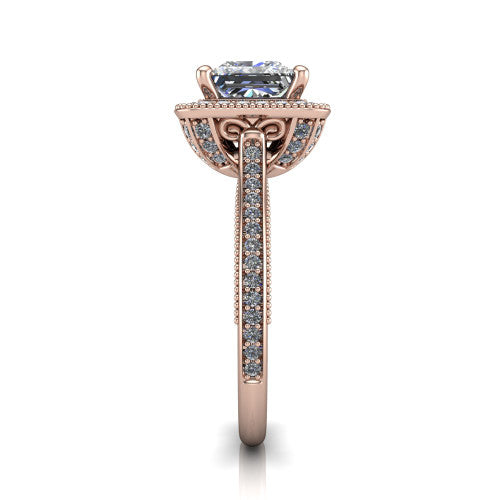 Diana princess-cut halo engagement ring in 18K Rose Gold, side profile showing the filigree gallery and pave band in side view