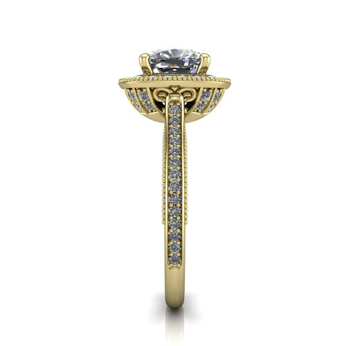 Diana cushion halo engagement ring in 14K Yellow Gold, side profile showing the filigree gallery and pave band in side view