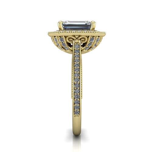 Diana emerald-cut halo engagement ring in 14K Yellow Gold, side profile showing the filigree gallery and pave band in side view
