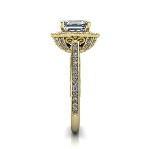 Diana square emerald-cut halo engagement ring in 14K Yellow Gold, side profile showing the filigree gallery and pave band in side view