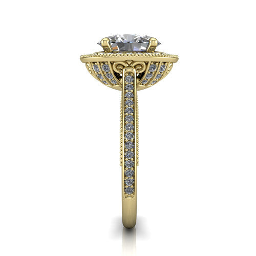 Diana oval halo engagement ring in 18K Yellow Gold, side profile showing the filigree gallery and pave band in side view