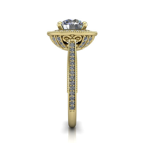 Diana round halo engagement ring in 18K Yellow Gold, side profile showing the filigree gallery and pave band in side view