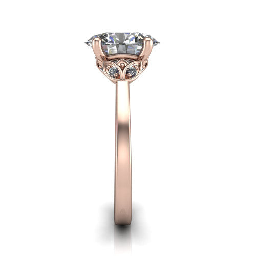 Lola oval solitaire engagement ring in 14K Rose Gold, side profile showing the petal basket and polished band