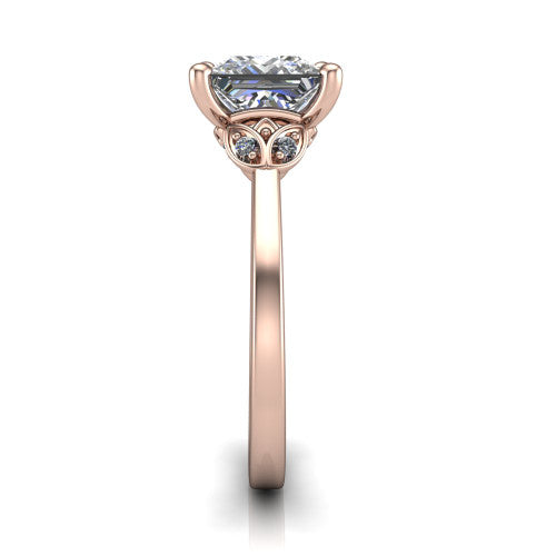Lola princess solitaire engagement ring in 14K Rose Gold, side profile showing the petal basket and polished band