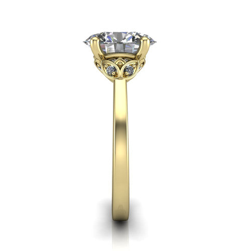 Lola oval solitaire engagement ring in 18K Yellow Gold, side profile showing the petal basket and polished band