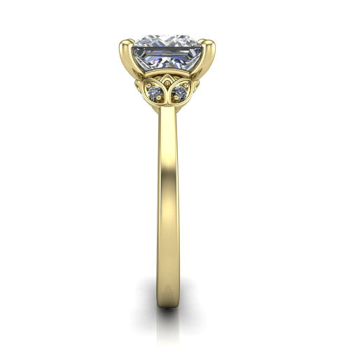 Lola princess solitaire engagement ring in 18K Yellow Gold, side profile showing the petal basket and polished band