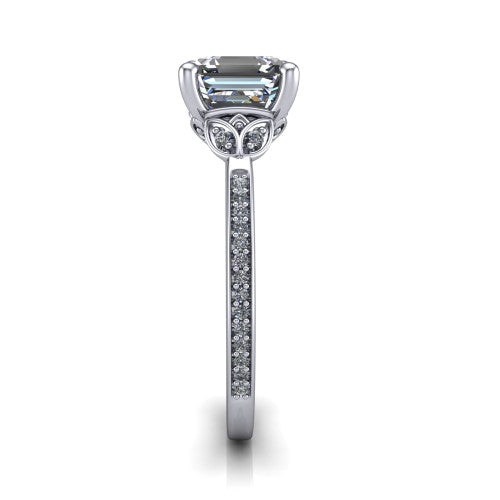 Lena square emerald solitaire engagement ring in 14K White Gold, side profile showing the petal basket and pave band