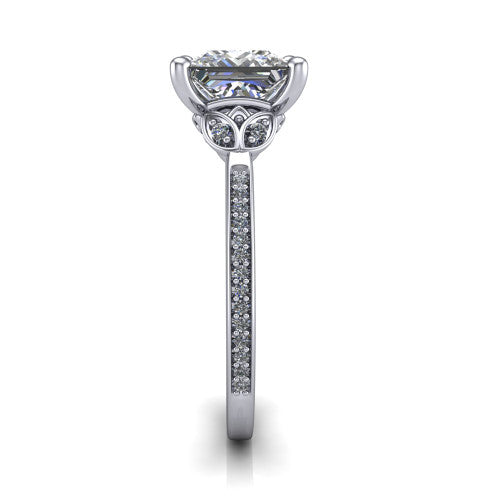 Lena princess solitaire engagement ring in Platinum, side profile showing the petal basket and pave band