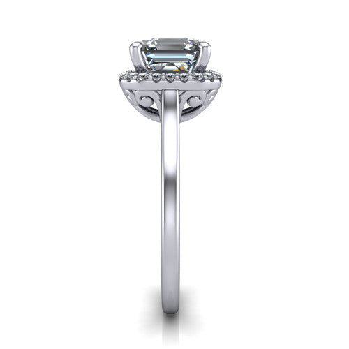 Dakota square emerald halo engagement ring in 14K White Gold, side profile showing the scrollwork basket gallery and polished band