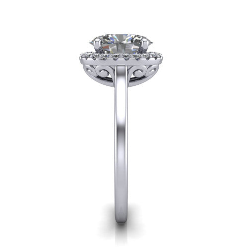 Dakota oval halo engagement ring in Platinum, side profile showing the scrollwork basket gallery and polished band
