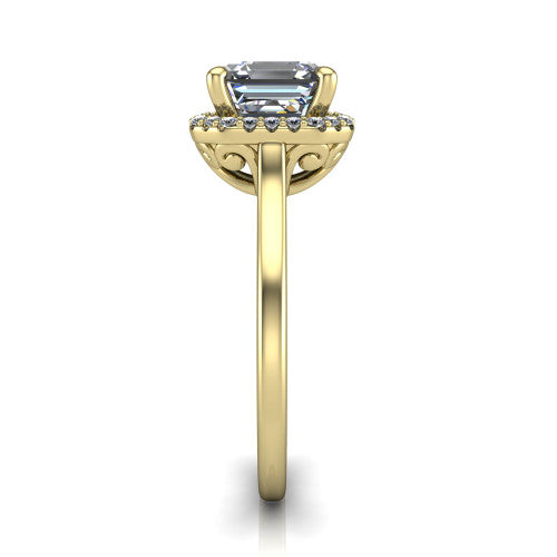 Dakota square emerald halo engagement ring in 14K Yellow Gold, side profile showing the scrollwork basket gallery and polished band