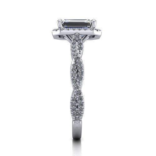 Dahlia Emerald Shape Halo Engagement Ring in 14K White Gold