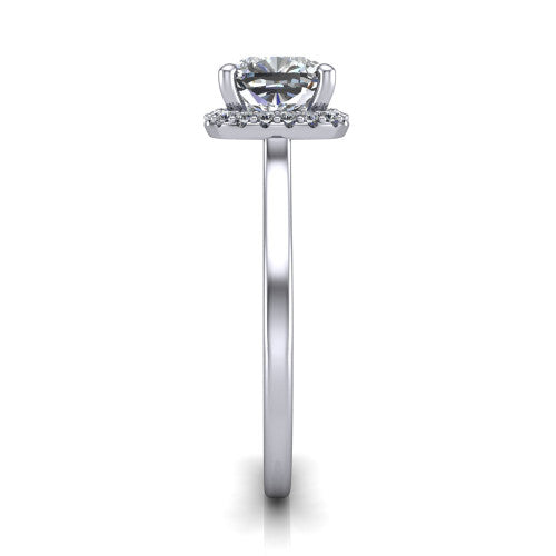Makenzie cushion halo engagement ring in Platinum, side profile showing the hidden heart detail and thin band