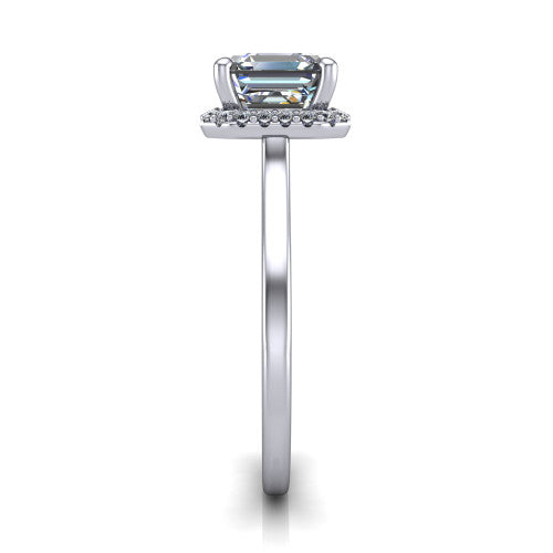 Makenzie square emerald halo engagement ring in 14K White Gold, side profile showing the hidden heart detail and thin band