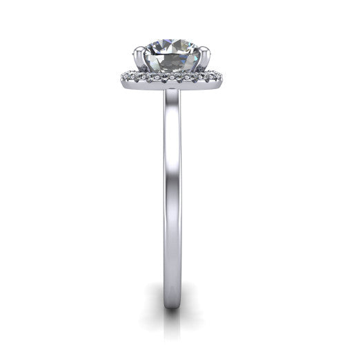 Makenzie round halo engagement ring in 18K White Gold, side profile showing the hidden heart detail and thin band