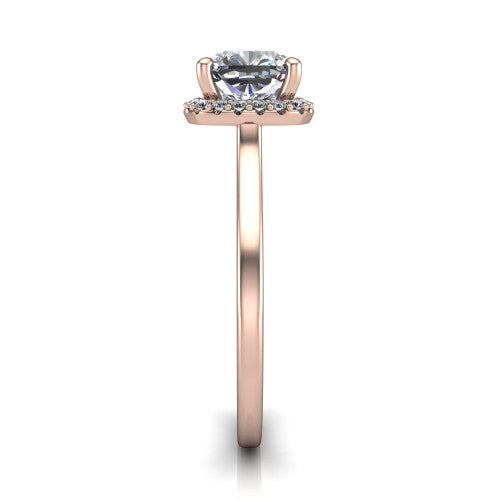 Makenzie cushion halo engagement ring in 18K Rose Gold, side profile showing the hidden heart detail and thin band