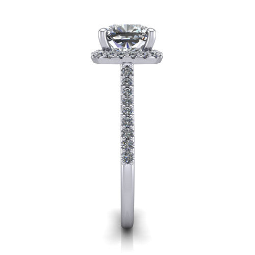 Palmer cushion halo engagement ring in Platinum, side profile showing the hidden heart detail and pave band