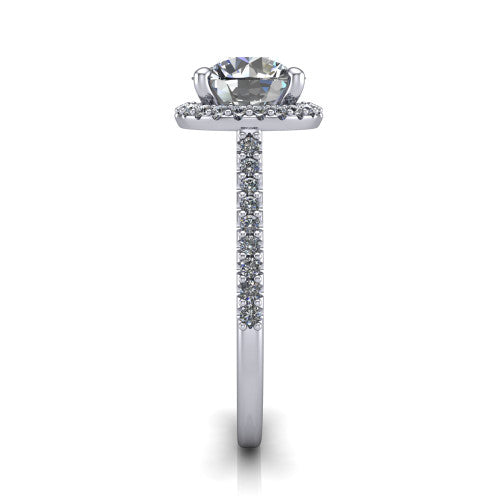 Palmer round halo engagement ring in 14K White Gold, side profile showing the hidden heart detail and pave band