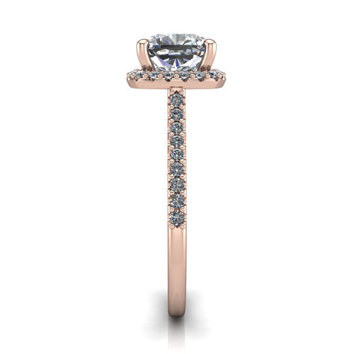 Palmer cushion halo engagement ring in 18K Rose Gold, side profile showing the hidden heart detail and pave band